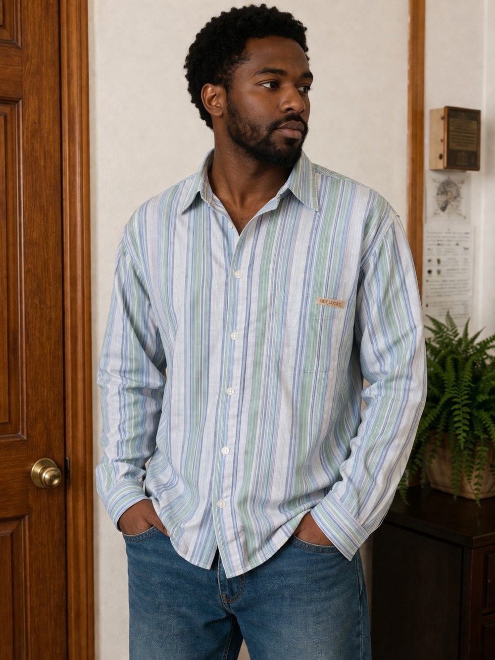 Get Lucky Striped Long-Sleeve Casual Button-Down Shirt in Light Blue & Green
